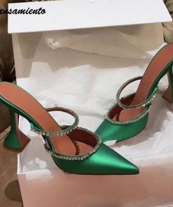 main image02021 Rhinestones satin Women Pumps Slippers Elegant Pointed toe High heels Lady Mules Sildes Summer Fashion