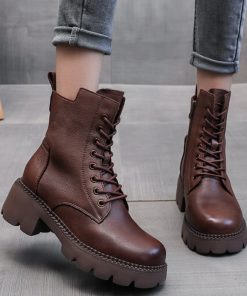 main image02022 Cow Leather Quality Women Shoes Autumn Winter Square Med Heel Ankle Boots Lace Up Zipper