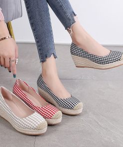 main image02022 Fashion Wedges Heels Shoes Women Canvas Footwear Spring Summer Casual Women Shoes Plaid Ladies Wedge