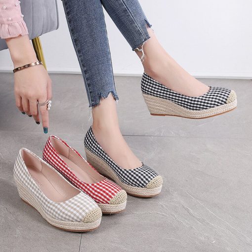 main image02022 Fashion Wedges Heels Shoes Women Canvas Footwear Spring Summer Casual Women Shoes Plaid Ladies Wedge