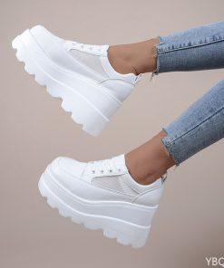 main image02022 NEW White Wedge Sneakers Shoes Platform Breathable Hollow Shoes Chunky Platform Heel Pumps Shoes Women
