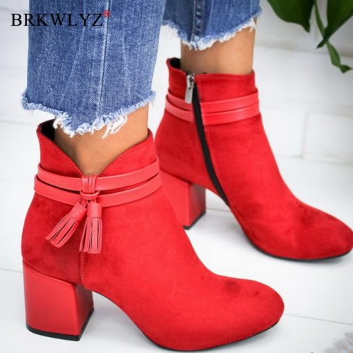 main image02022 Red Tassel Ankle Shoes Women s Shoes Single Boots Autumn Winter Pointed Toe Thick With