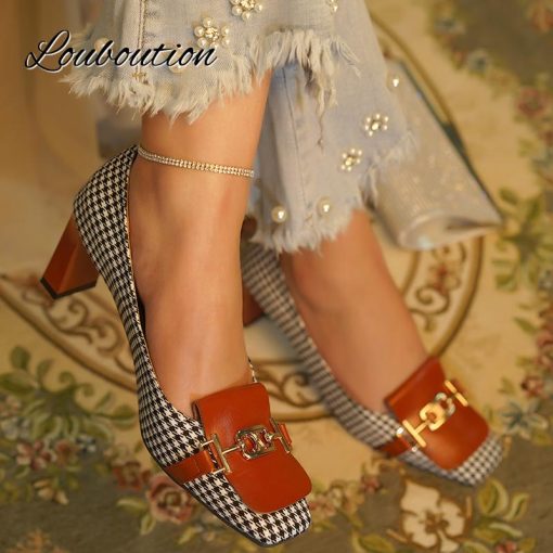 main image02022 Retro Fashion Women s Shoes Thousand Bird Lattice Soft Leather Ladies Pumps Spring Square Toes