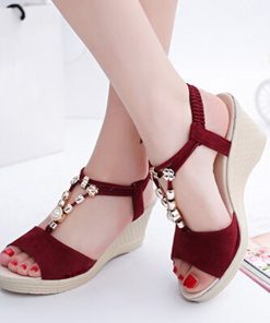 main image02022 Summer Ladies Platform Wedge Sandals with Rhinestone Red Beige Casual Comfortable Slope Heel Open Toe