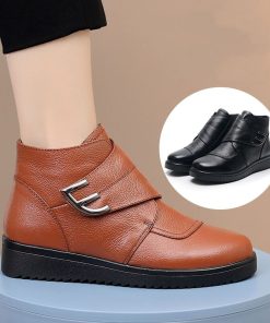main image02022 Women s Ankle Boots Big Size 43 Hook Loop Leather Shoes Ladies Autumn Winter Fur