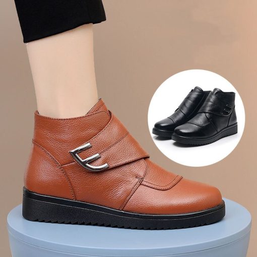 main image02022 Women s Ankle Boots Big Size 43 Hook Loop Leather Shoes Ladies Autumn Winter Fur