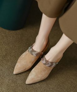 main image02022 Women s Mid Heel Shoes Fashion Rhinestone Decorative Suede Side Zipper Pumps Autumn Pointed Toe