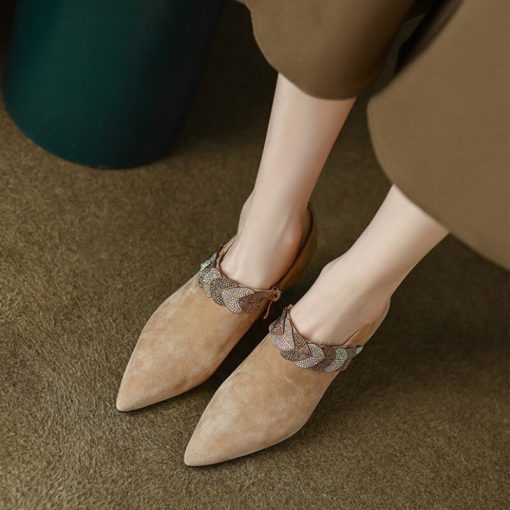 main image02022 Women s Mid Heel Shoes Fashion Rhinestone Decorative Suede Side Zipper Pumps Autumn Pointed Toe