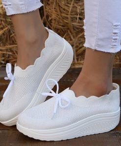 main image02023 New Thick Sole Sneakers Fashion White Breathable Lace Up Printed Mesh Shoes Casual Wedge High