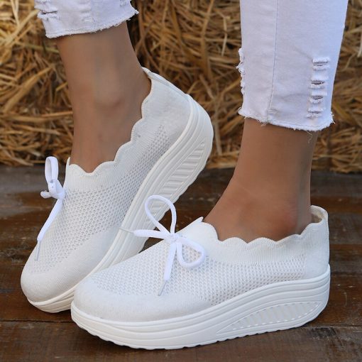 main image02023 New Thick Sole Sneakers Fashion White Breathable Lace Up Printed Mesh Shoes Casual Wedge High