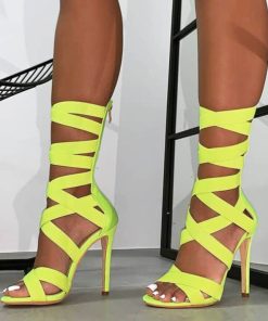 main image0Autumn Fashion Fluorescent green Stretch Fabric Zipper Women Sandals Peep Toe High Heels Hollow Out Ankle