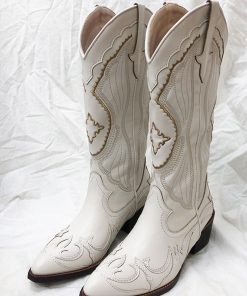 main image0BONJOMARISA White Cowboy Western Knee High Boots Design Chunky Heel Pointed Toe Slip On Autumn Long