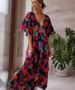 main image0Bohemia Print Butterfly Sleeve Vintage Maxi Dress For Women Casual V neck Backless Summer Dress Female