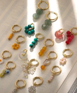 main image0Bohemian Handmade Natural Stone Beads Hoop Earrings for Women Golden Color Stainless Steel Circle Huggie Hoops
