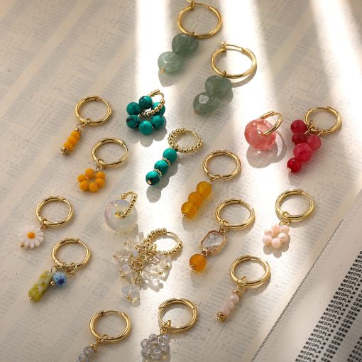 main image0Bohemian Handmade Natural Stone Beads Hoop Earrings for Women Golden Color Stainless Steel Circle Huggie Hoops