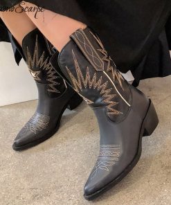 main image0Buono Scarpe Embroider Women Boots Med Heels Retro Knight Boots Female Genuine Leather Botas Mujer Western