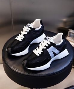 main image0Chunky Casual Sneakers Women Leather Patchwork Mixed Colors Lace Up Round Toe Platform Shoes Lady Flats