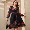 main image0KEBY ZJ Plus Size Floral Print V Neck Midi Belted Dress Women Casual Spring Fall Long