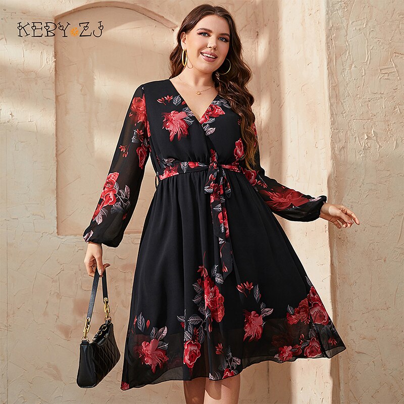 main image0KEBY ZJ Plus Size Floral Print V Neck Midi Belted Dress Women Casual Spring Fall Long
