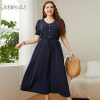 main image0KEBY ZJ Plus Size Solid Button Front Lace Puff Sleeve Dress Women Elegant Knot High Waist