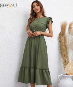 main image0KEBY ZJ Women s Summer Long Dress Female Clothing Sleeveless Buttons Design Elastic Waist Maxi Dress