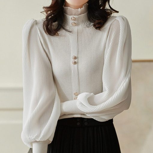 main image0LJSXLS Autumn Elegant Chiffon Patchwork Turtleneck Sweater Women 2022 Winter New Korean Knitted Tops Long Sleeve