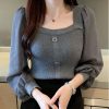 main image0LJSXLS Pull Femme 2022 Spring Fashion Square Neck Solid Tops Patchwork Long Sleeve Sweater Women Knitted