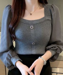 main image0LJSXLS Pull Femme 2022 Spring Fashion Square Neck Solid Tops Patchwork Long Sleeve Sweater Women Knitted