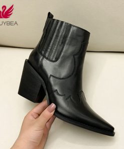 main image0Natural Leather Boots Women Genuine Pointed Toe Mid Heel Ankle Boots Thick Square Heel Slip On
