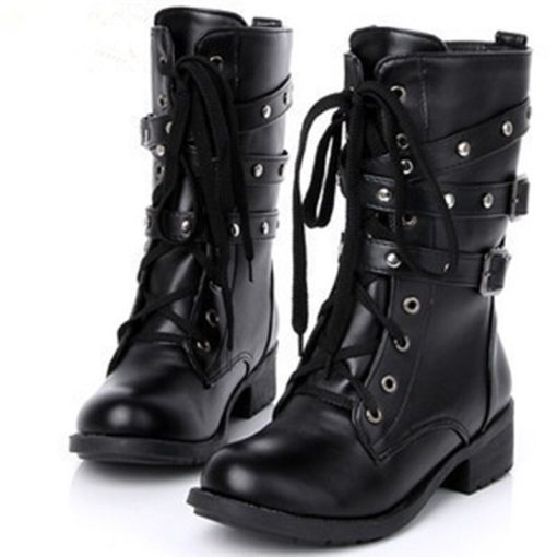 main image0New Female Black Large Size Boots Retro Fashion Wild Shorts Belt Buckle Motorcycle Couple Military Boots