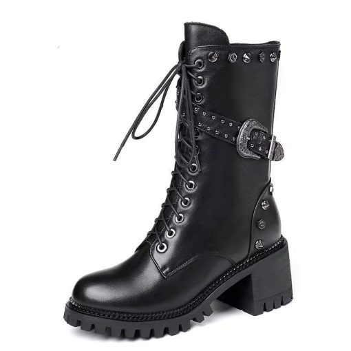 main image0Punk Rivet Studded Leather Shoes Women s High Boots 2022 Winter Heeled Shoes Ladies Belted Riding