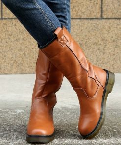 main image0Retro Women s Mid Calf Boots Winter Shoes Woman Warm Plush Lady PU Boots Sewing Slip