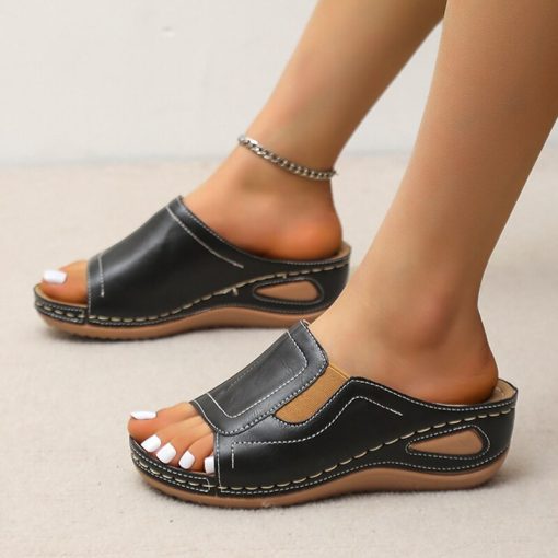 main image0Rimocy Outdoor Casual Wedges Sandals Women 2022 Summer Open Toe Non slip Beach Slippers Woman Pu