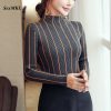 main image0SEXMKL Striped Turtleneck Pullover Women 2022 Winter Thick Sweater Red Korean Ladies Office Knitted Sweater Black
