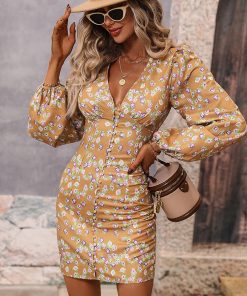 main image0Sexy Floral Print Short Dress Woman Casual V Neck Slim Button Dresses For Women 2022 Spring
