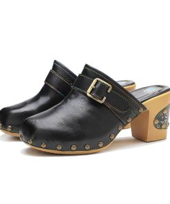 main image0Shoes For Women Sandals 2022 Fashion Basic Ethnic Retro Genuine Leather Square heel 7 5CM Round