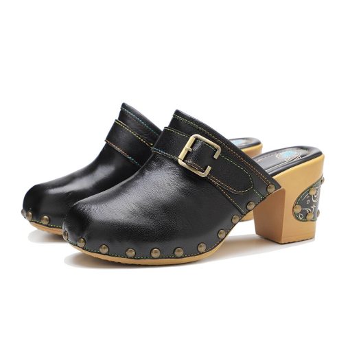main image0Shoes For Women Sandals 2022 Fashion Basic Ethnic Retro Genuine Leather Square heel 7 5CM Round