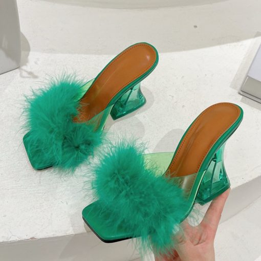 main image0Size 35 41 Sexy Strange Transparent Heels Slippers Fashion Fur Feather Summer Sandals Peep Toe Slip