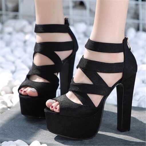 main image0Spring Summer 15CM Fashion Thick With Sandals Fish Mouth Shoes High heeled Hollow Sandals Nightclub High