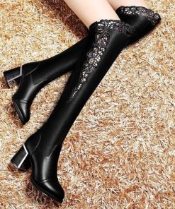 main image0Women Embroidered Lace Knee Bare Boots Square High Heel Casual Long Tube Booties Lady Sexy Over