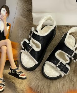 main image0Women Rome furry fur sandals double buckle band cotton sandales female winter shoes celebrity add cashmere