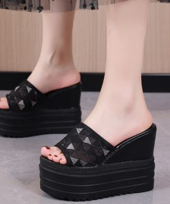 main image0Women Slippers Summer Sequins Platform Wedge Slides Woman Bling Leather Beach Sandals Open Toe Casual Shoes