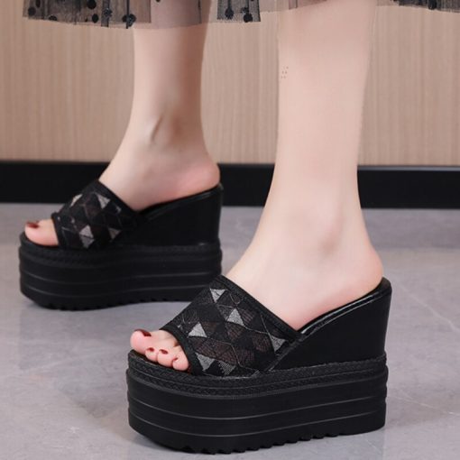 main image0Women Slippers Summer Sequins Platform Wedge Slides Woman Bling Leather Beach Sandals Open Toe Casual Shoes