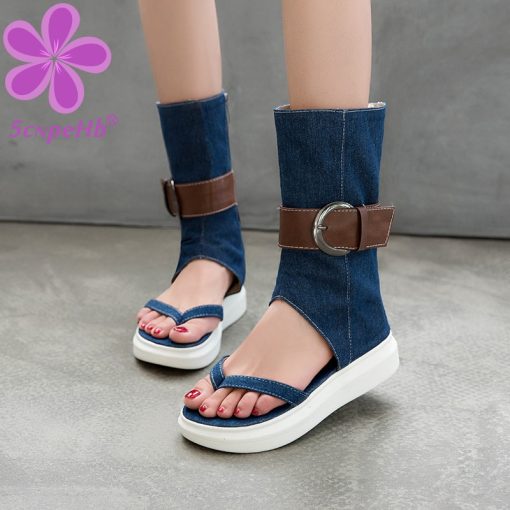 main image0Women Summer Denim Sandals with Platform Girls Fashion Gladiator Style Shoes Thick Sole Height Increasing Big