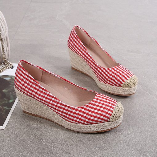 main image12022 Fashion Wedges Heels Shoes Women Canvas Footwear Spring Summer Casual Women Shoes Plaid Ladies Wedge