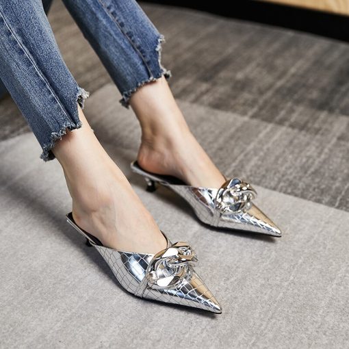 main image12022 New Brand Women Slipper Fashion Gold Chain Sandal Shoes Ladies Pointed Toe Slip on Mules