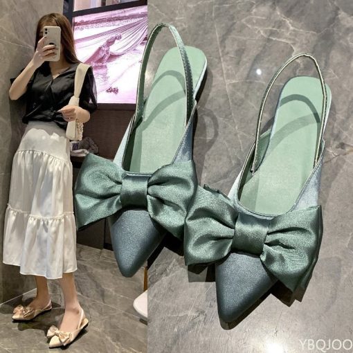 main image12022 Summer Women Baotou Sandals Fashion Bow knot Low Heels Pumps Female Silk Sexy Pointed Sandalias