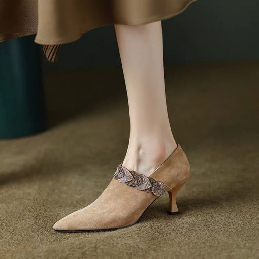 main image12022 Women s Mid Heel Shoes Fashion Rhinestone Decorative Suede Side Zipper Pumps Autumn Pointed Toe