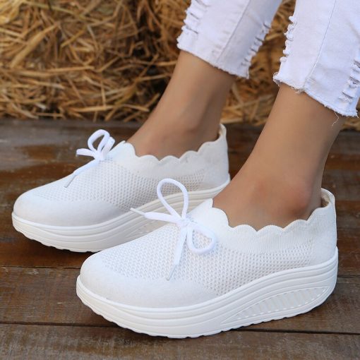 main image12023 New Thick Sole Sneakers Fashion White Breathable Lace Up Printed Mesh Shoes Casual Wedge High