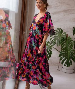 main image1Bohemia Print Butterfly Sleeve Vintage Maxi Dress For Women Casual V neck Backless Summer Dress Female